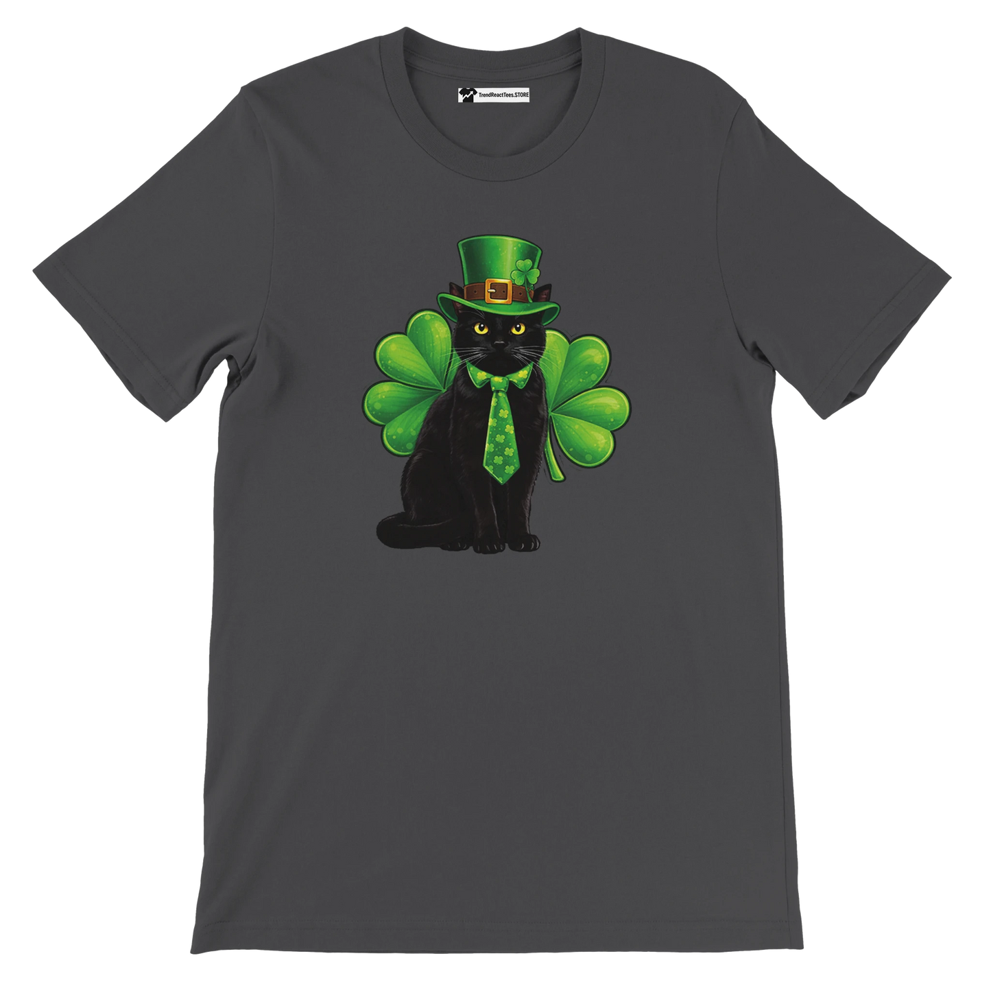 Black cat with green leprechaun hat, tie, and shamrocks on dark gray anime tee
