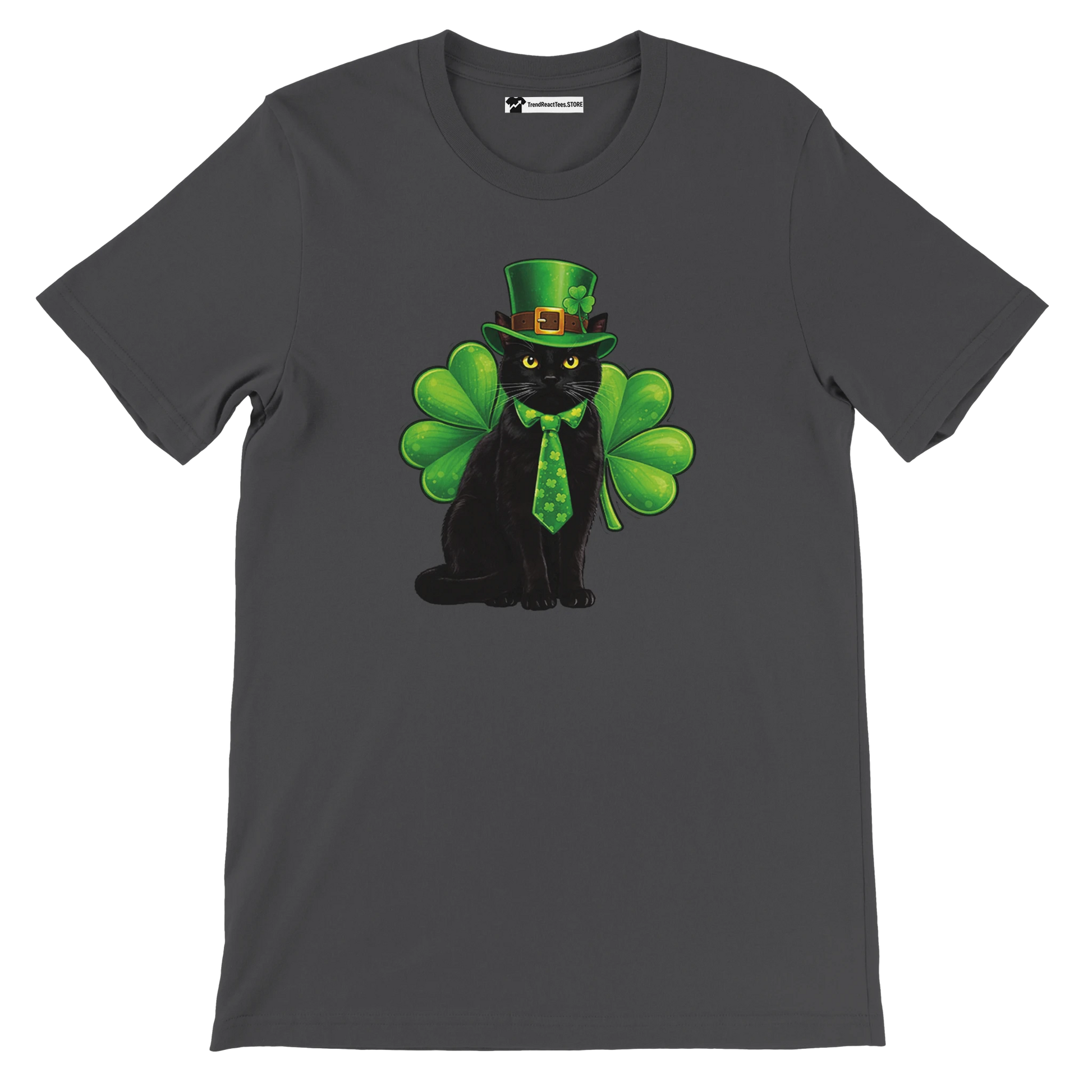 Black cat with green leprechaun hat, tie, and shamrocks on dark gray anime tee