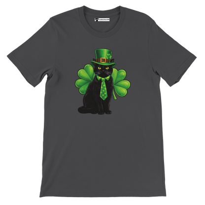 Black cat with green leprechaun hat, tie, and shamrocks on dark gray anime tee
