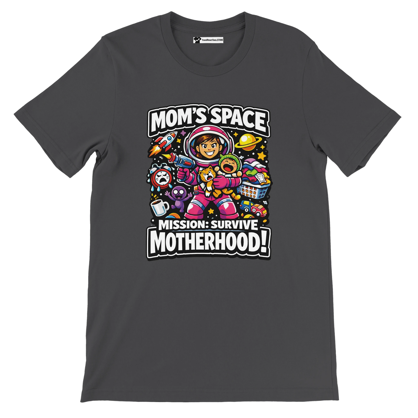 Dark t-shirt featuring a cartoon mom astronaut with playful space and motherhood graphics, text reads 'Mom's Space Mission: Survive Motherhood!'