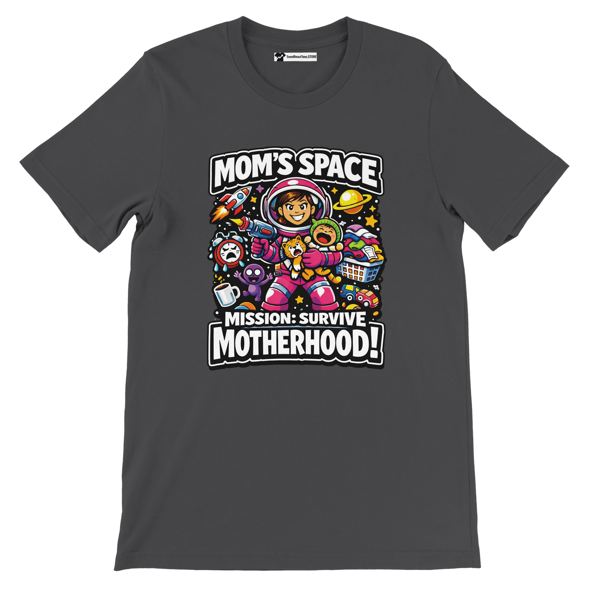 Dark t-shirt featuring a cartoon mom astronaut with playful space and motherhood graphics, text reads 'Mom's Space Mission: Survive Motherhood!'