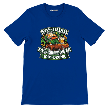 Blue St. Patrick’s Day tee with leprechaun on horse, beer, shamrocks, 50% Irish 50% Horsepower 100% Drunk