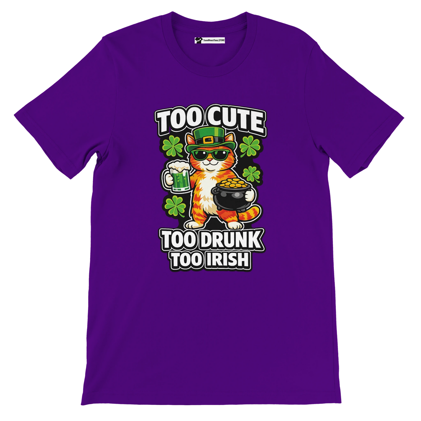 Purple t-shirt with cartoon cat in leprechaun hat, holding beer and pot of gold, shamrocks, St. Patrick's Day quote.