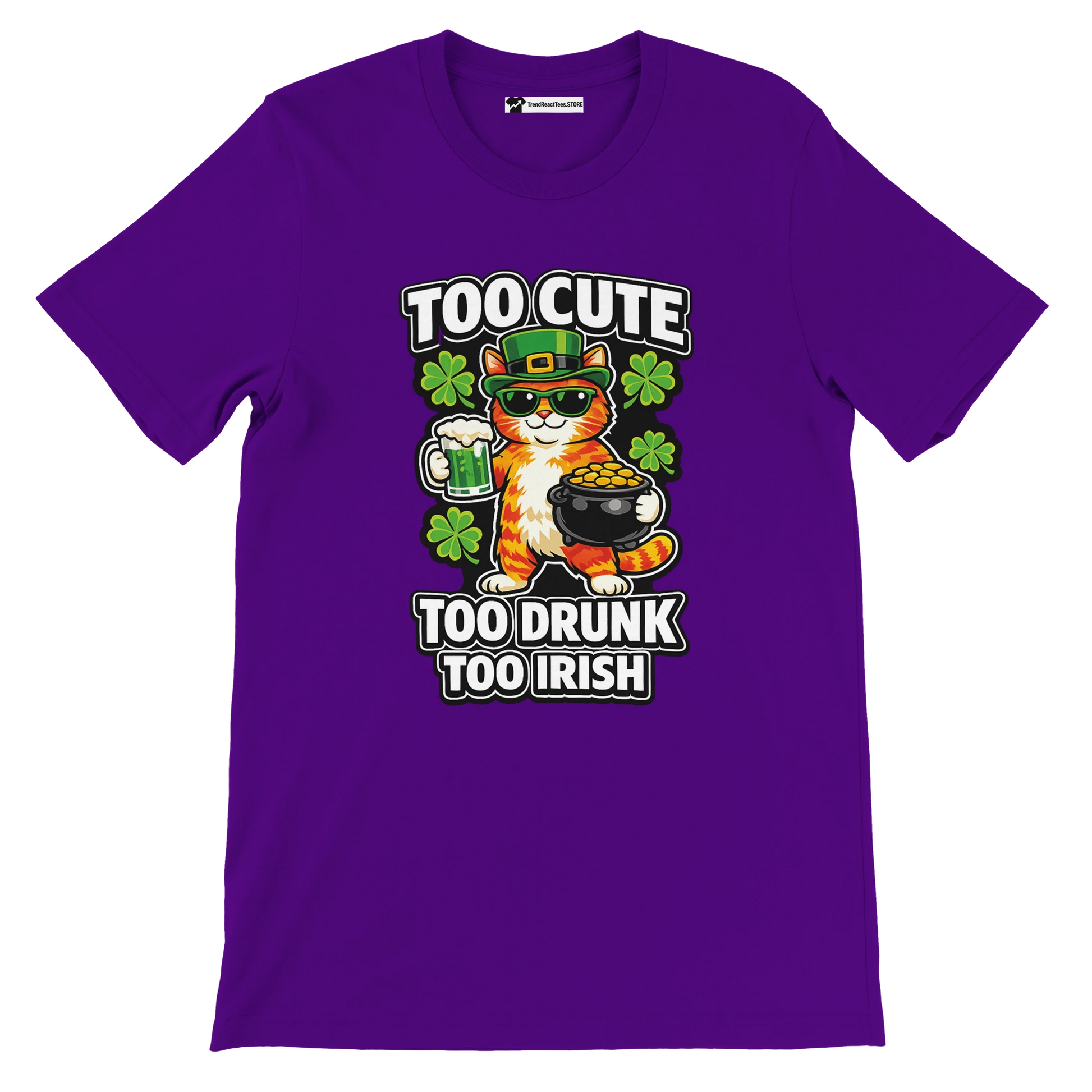 Purple t-shirt with cartoon cat in leprechaun hat, holding beer and pot of gold, shamrocks, St. Patrick's Day quote.