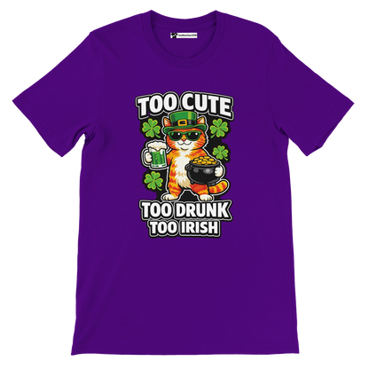 Purple t-shirt with cartoon cat in leprechaun hat, holding beer and pot of gold, shamrocks, St. Patrick's Day quote.