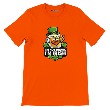 Orange St. Patrick's Day tee with beer mug graphic, shamrocks, and 'I'm Not Drunk I'm Irish' text