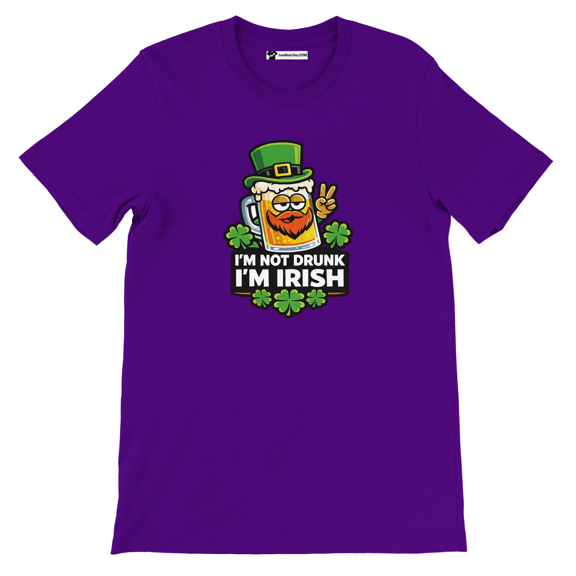 Purple St. Patrick's Day tee with beer mug graphic, shamrocks, and 'I'm Not Drunk I'm Irish' text