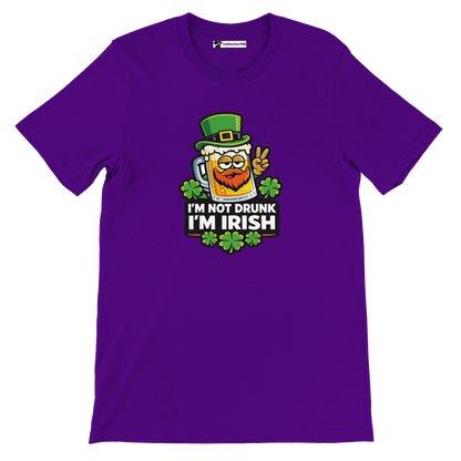 Purple St. Patrick's Day tee with beer mug graphic, shamrocks, and 'I'm Not Drunk I'm Irish' text