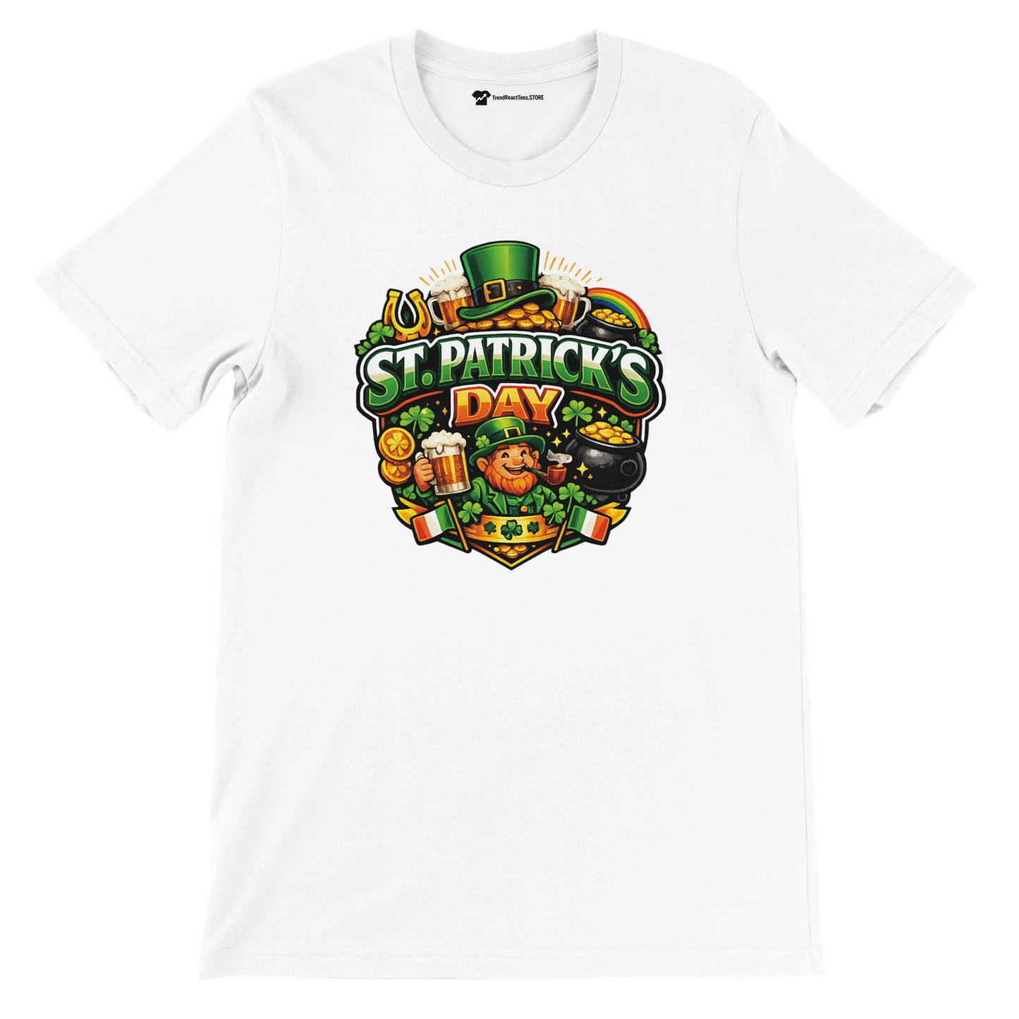 White St. Patrick's Day t-shirt with leprechaun, beer, shamrocks, and gold coins graphic for festive holiday wear