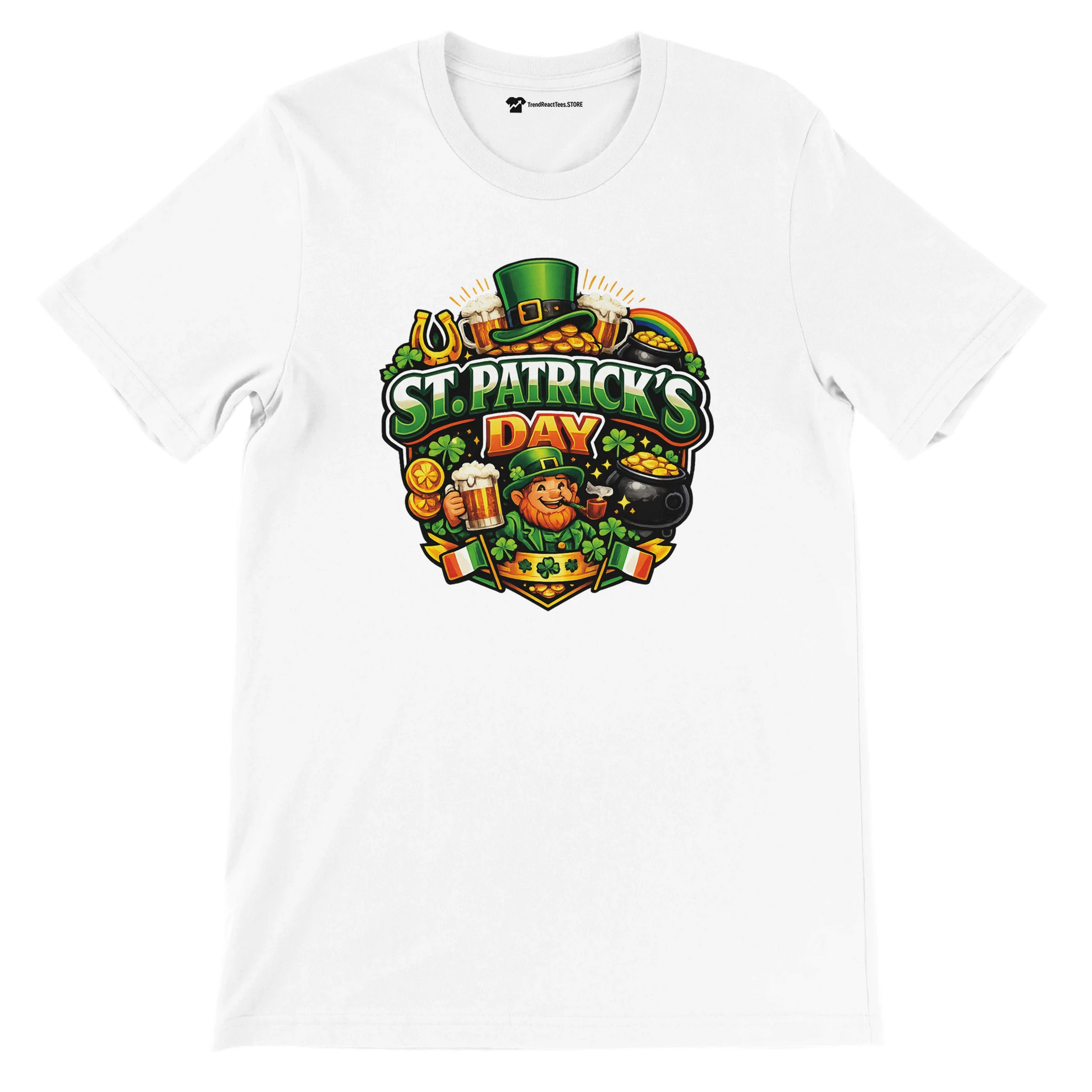 White St. Patrick's Day t-shirt with leprechaun, beer, shamrocks, and gold coins graphic for festive holiday wear