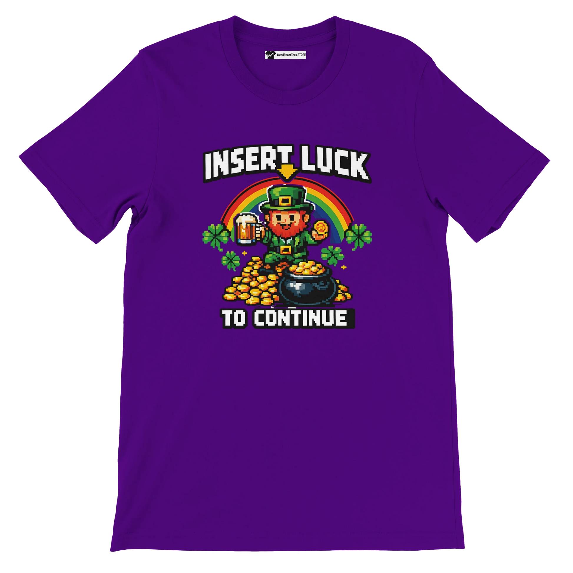 Purple pixel art St. Patrick's Day tee with leprechaun, rainbow, gold coins, shamrocks, and 'Insert Luck To Continue' text.