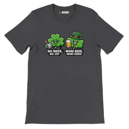 Dark gray tee with cartoon shamrock clovers, beer mugs, and funny St. Patrick's Day quote