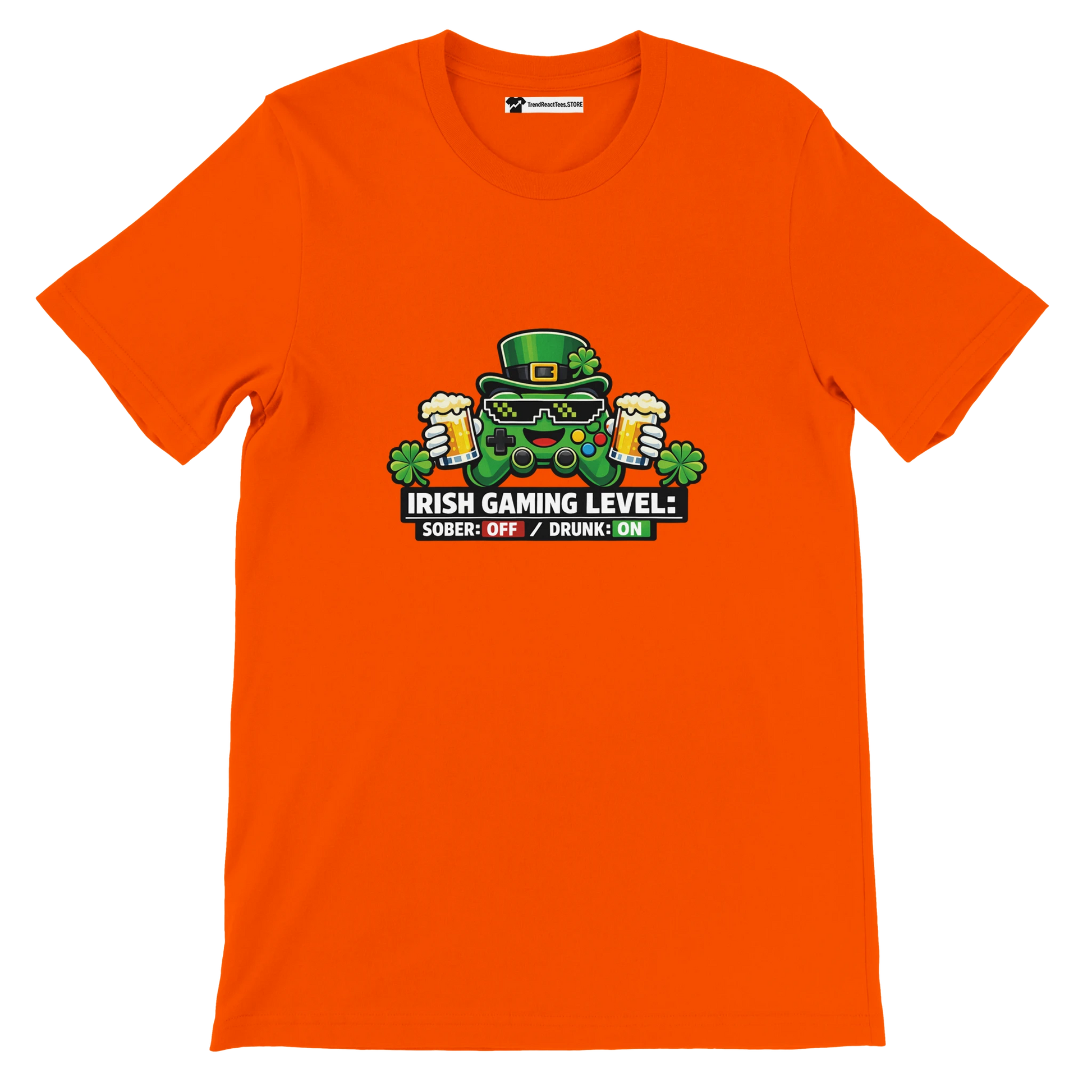 Orange Irish gaming tee with controller, beer, and shamrocks for St. Patrick's Day fun