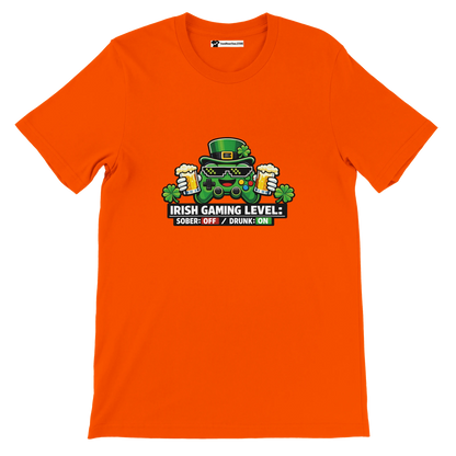 Orange Irish gaming tee with controller, beer, and shamrocks for St. Patrick's Day fun