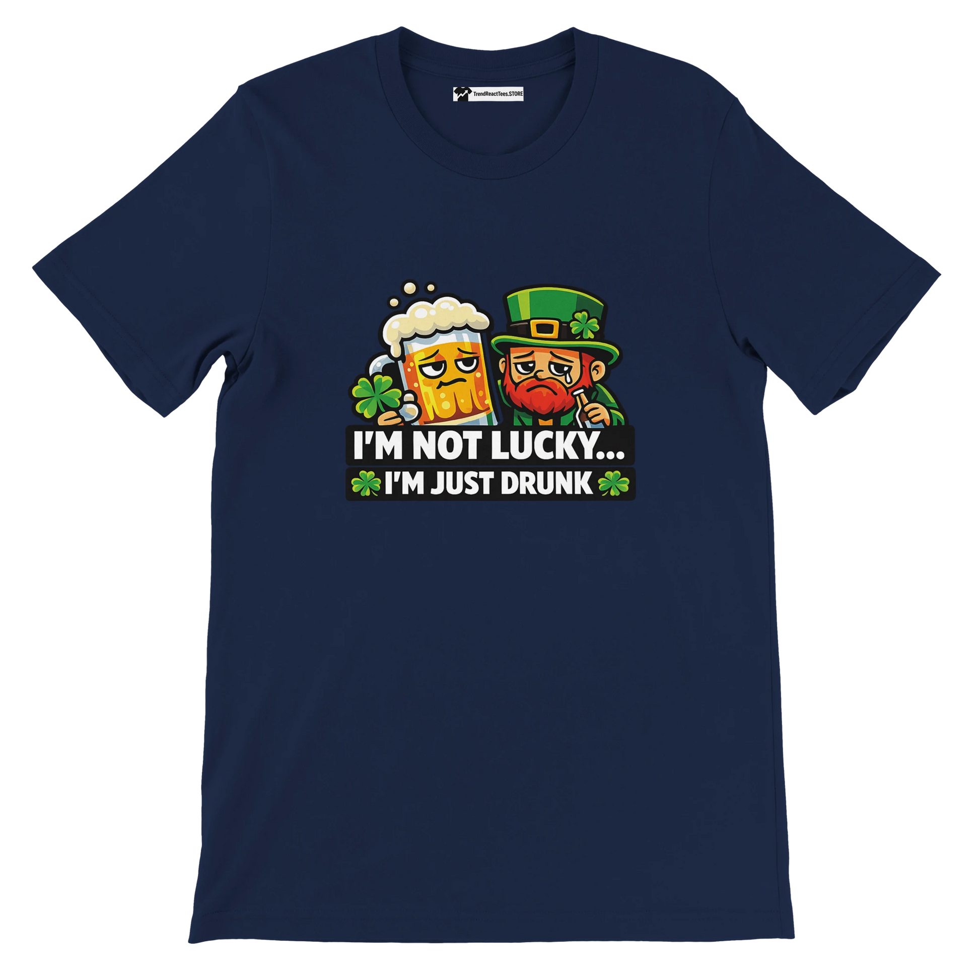 Navy St. Patrick's Day tee with leprechaun, beer mug, shamrocks, and 'I'm Not Lucky... I'm Just Drunk' text