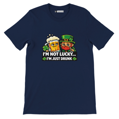 Navy St. Patrick's Day tee with leprechaun, beer mug, shamrocks, and 'I'm Not Lucky... I'm Just Drunk' text