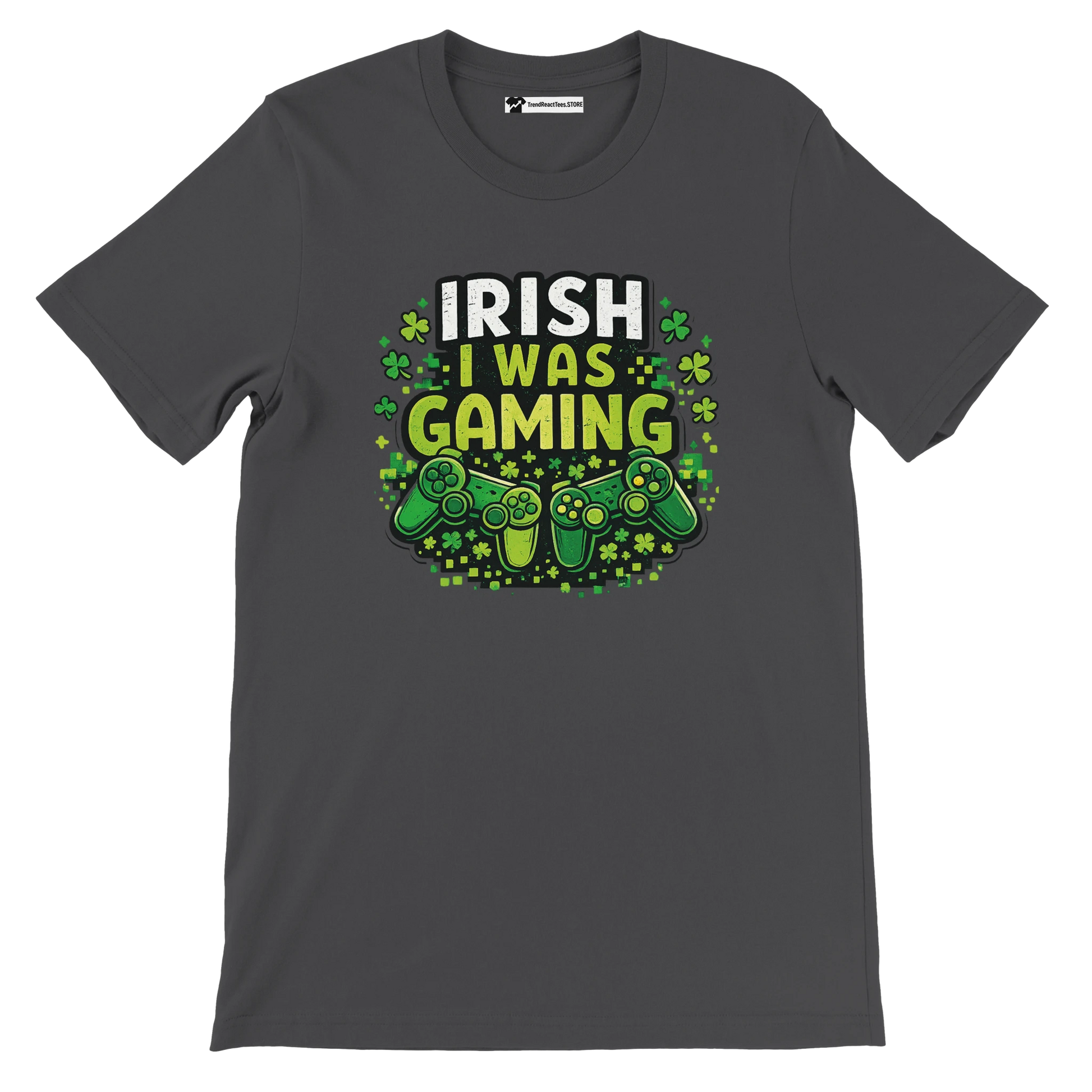 Irish I Was Gaming t-shirt with shamrocks and controllers, perfect for St. Patrick's Day gamers