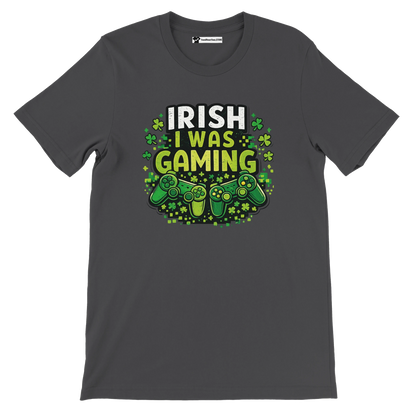 Irish I Was Gaming t-shirt with shamrocks and controllers, perfect for St. Patrick's Day gamers