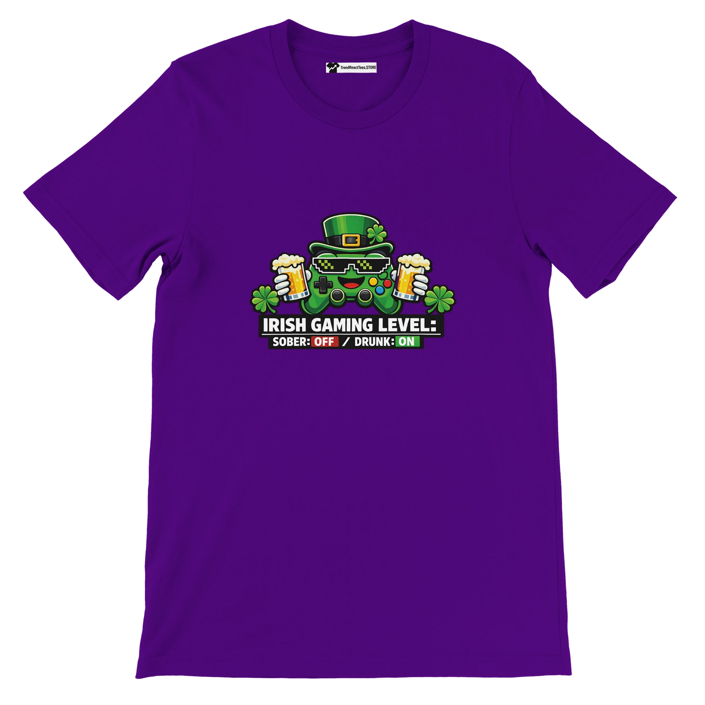 Purple tee with Irish gaming controller holding beer, shamrocks, 'Irish Gaming Level' text