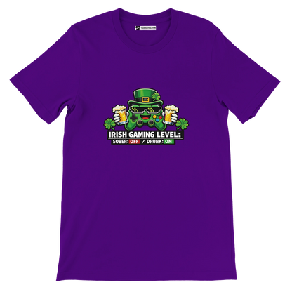Purple tee with Irish gaming controller holding beer, shamrocks, 'Irish Gaming Level' text