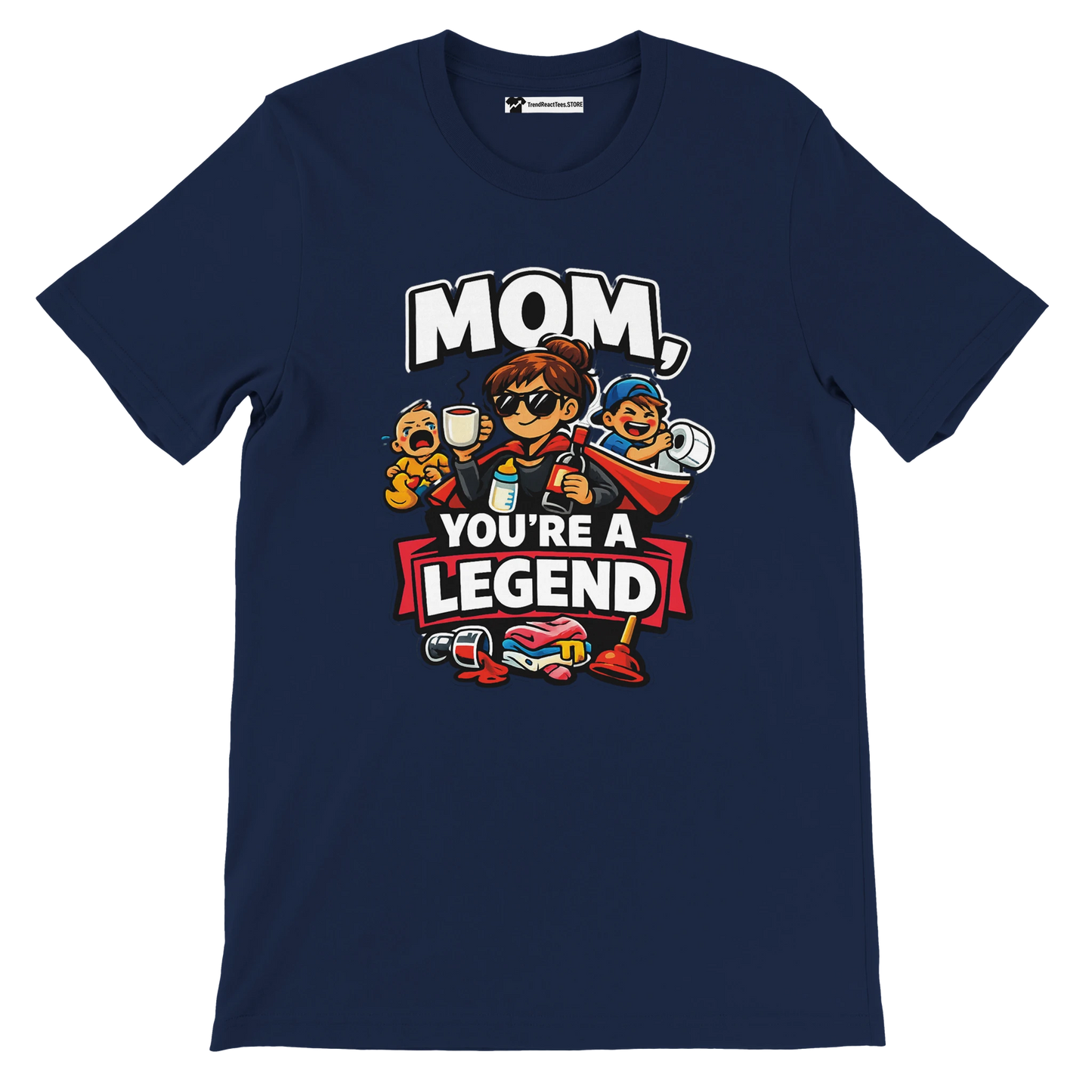 Navy blue t-shirt with cartoon mom and kids, text says 'Mom, You're a Legend', fun anime design.