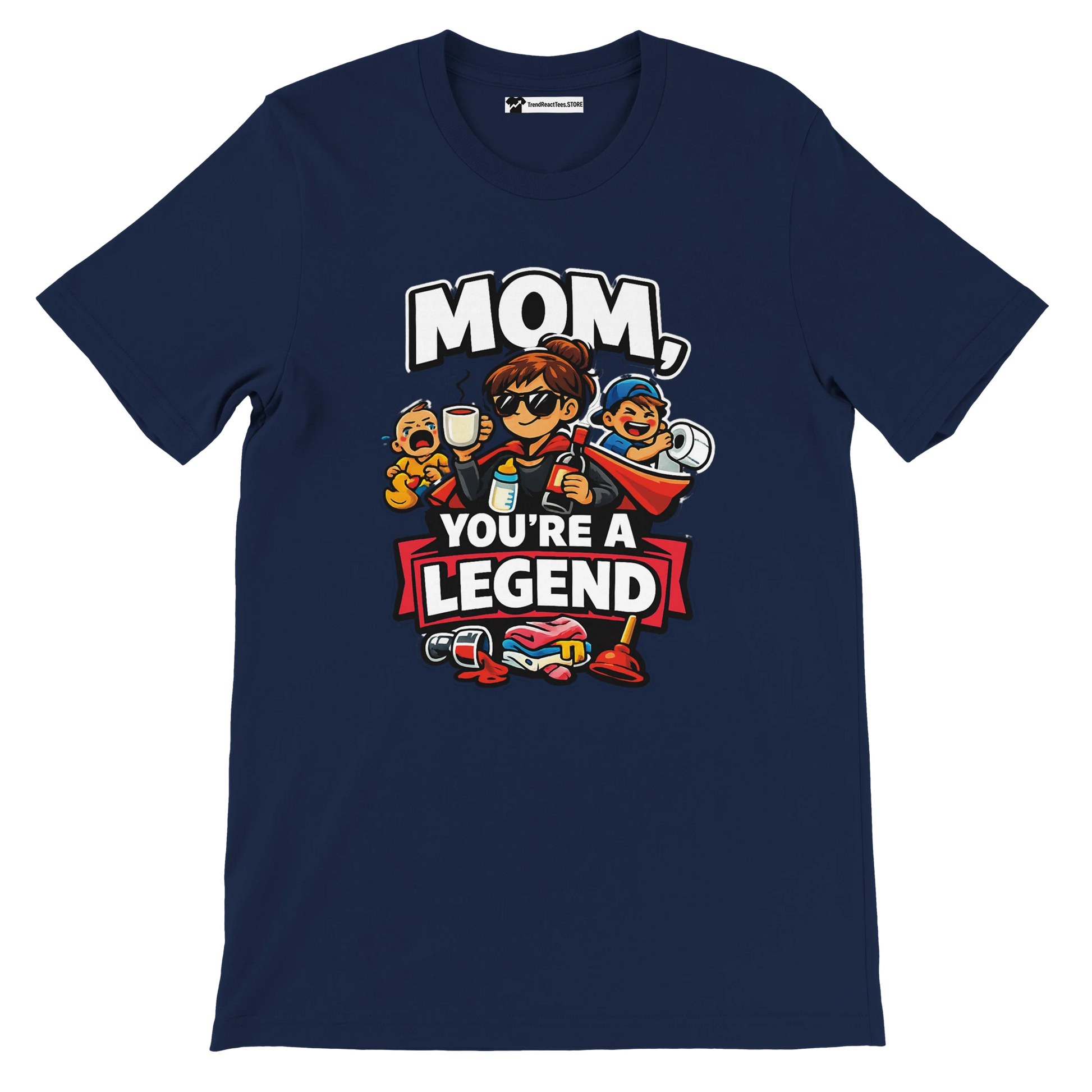 Navy blue t-shirt with cartoon mom and kids, text says 'Mom, You're a Legend', fun anime design.