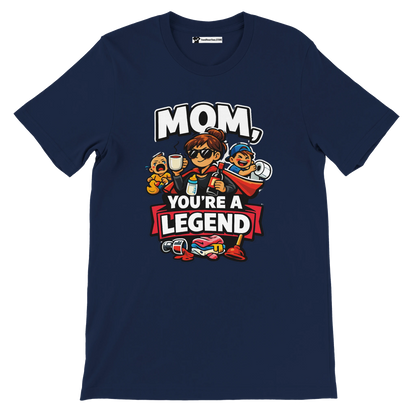 Navy blue t-shirt with cartoon mom and kids, text says 'Mom, You're a Legend', fun anime design.
