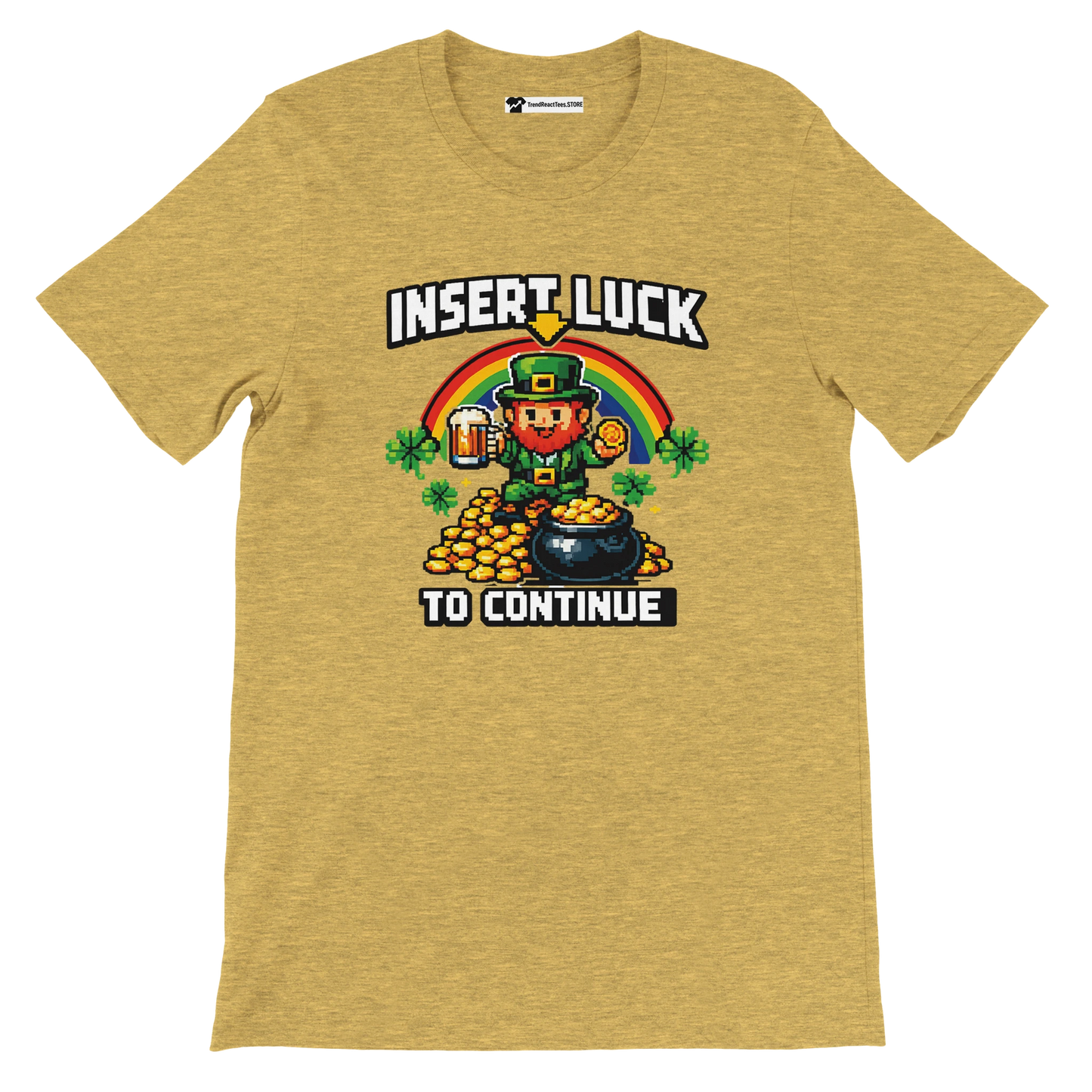 Pixel art leprechaun with beer, gold coins, rainbow, and shamrocks on yellow tee. 'Insert Luck To Continue' text. St. Patrick's Day gamer shirt.