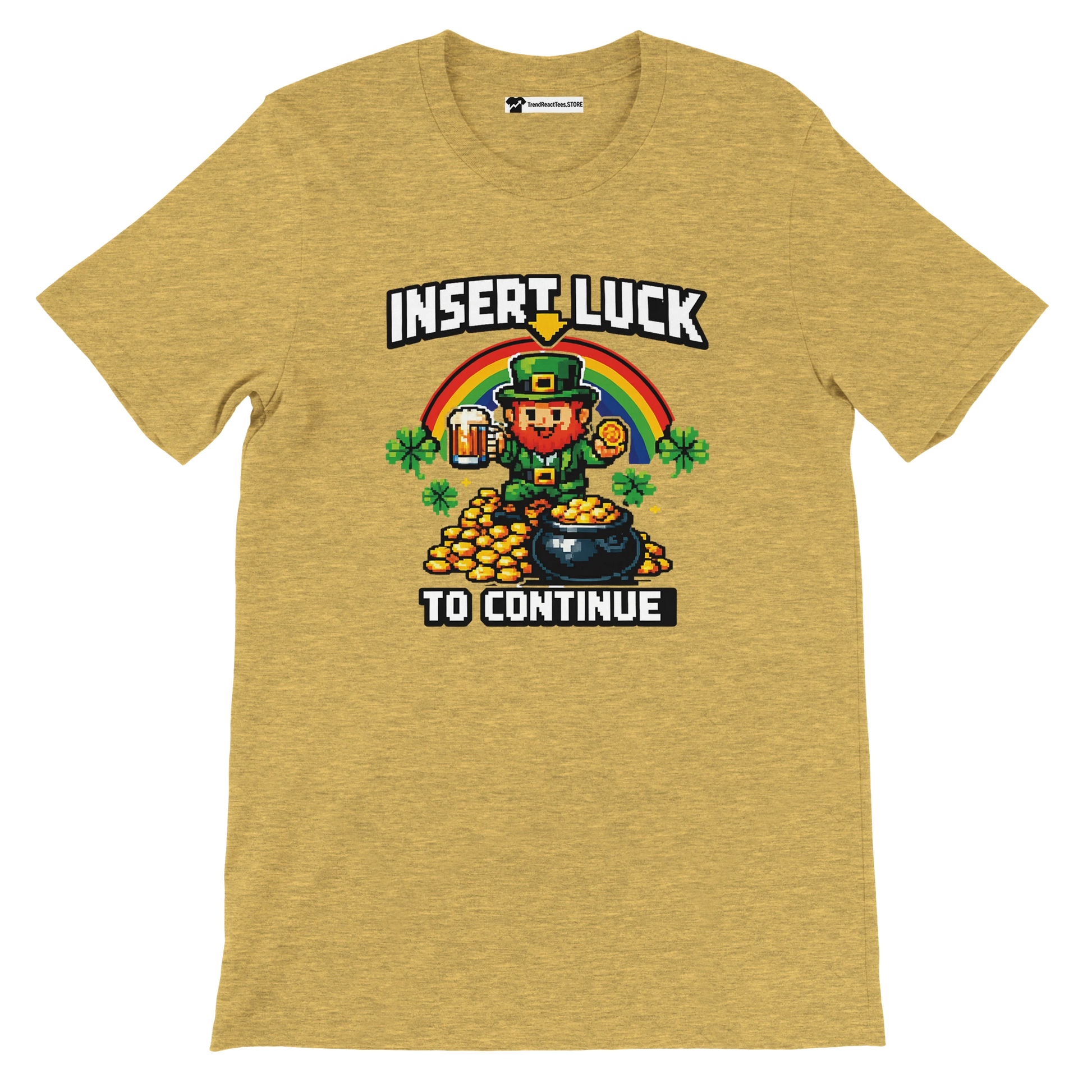 Pixel art leprechaun with beer, gold coins, rainbow, and shamrocks on yellow tee. 'Insert Luck To Continue' text. St. Patrick's Day gamer shirt.