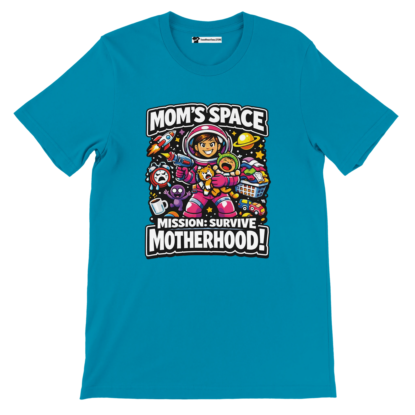 Blue anime aesthetic t-shirt with cartoon astronaut mom, space theme, motherhood quote design.