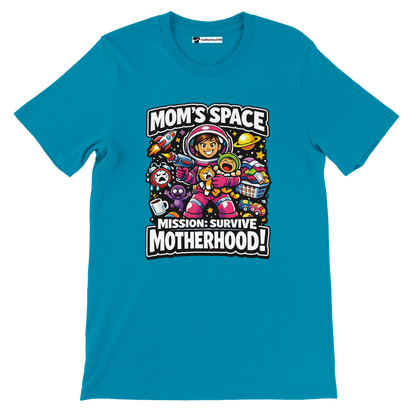 Blue anime aesthetic t-shirt with cartoon astronaut mom, space theme, motherhood quote design.