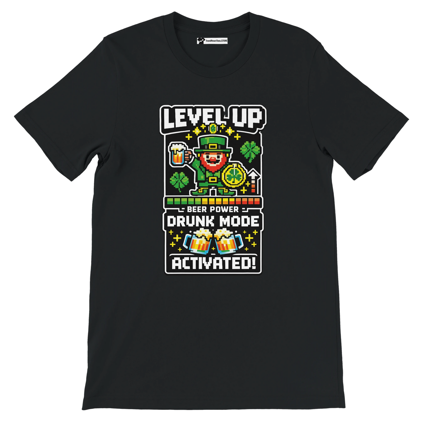 Black tee with pixel art leprechaun, beer, shamrocks, 'Level Up Drunk Mode Activated' text for St. Patrick's Day