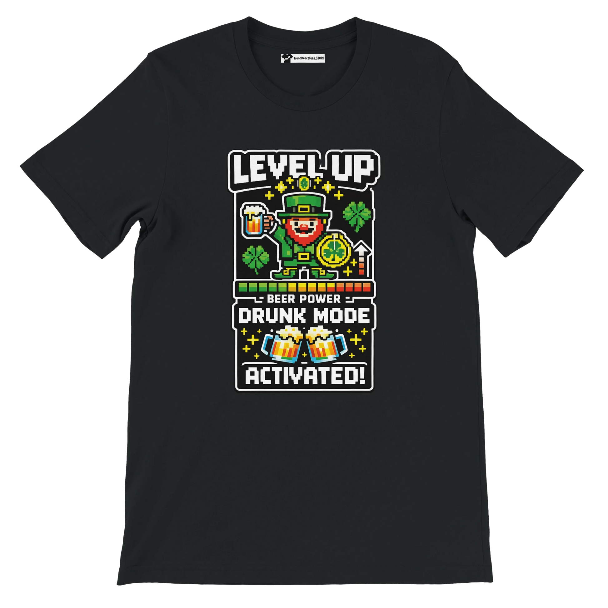 Black tee with pixel art leprechaun, beer, shamrocks, 'Level Up Drunk Mode Activated' text for St. Patrick's Day