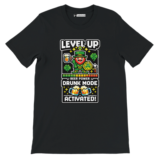 Black tee with pixel art leprechaun, beer, shamrocks, 'Level Up Drunk Mode Activated' text for St. Patrick's Day