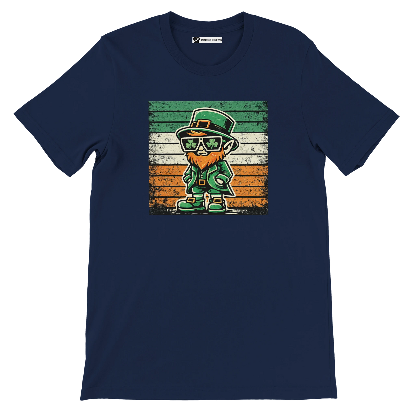 Navy blue t-shirt with anime-style leprechaun and Irish flag graphic, St. Patrick's Day tee