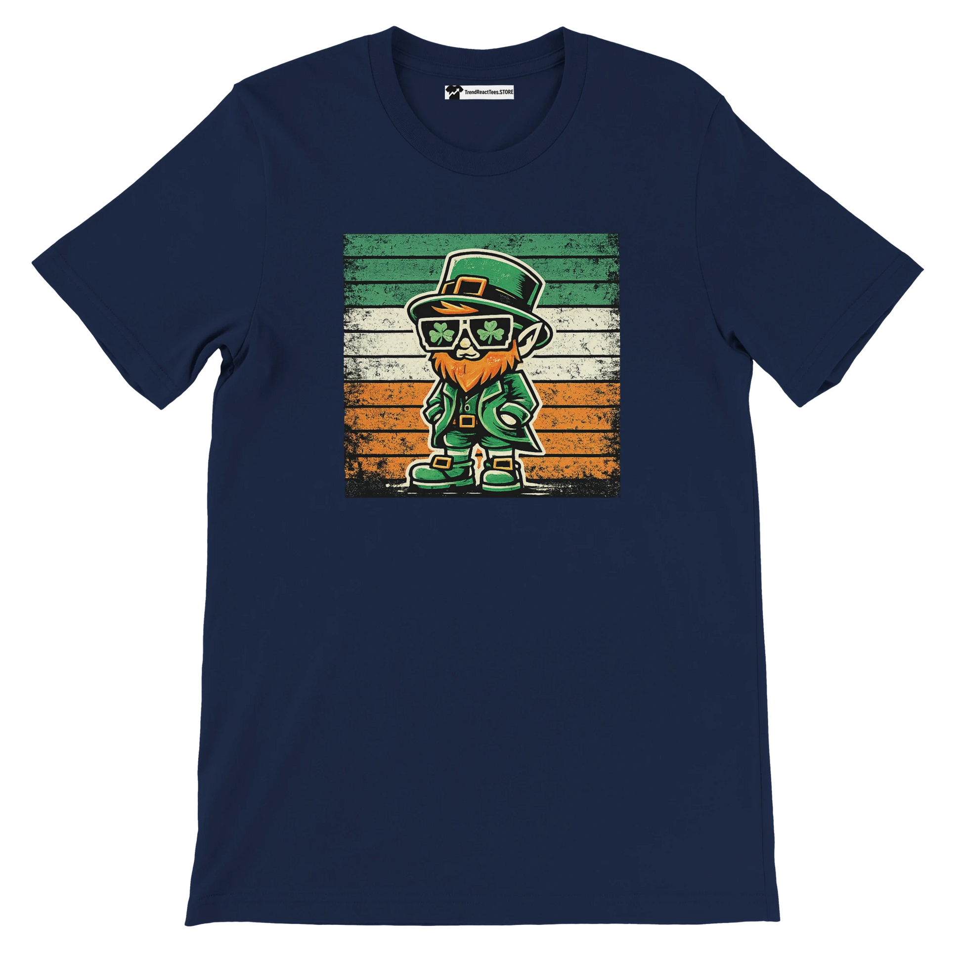 Navy blue t-shirt with anime-style leprechaun and Irish flag graphic, St. Patrick's Day tee