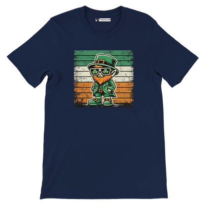 Navy blue t-shirt with anime-style leprechaun and Irish flag graphic, St. Patrick's Day tee