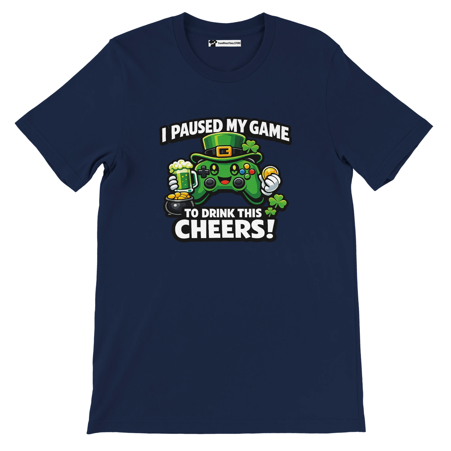 Navy blue t-shirt with a gaming controller, shamrocks, beer mug, and St. Patrick's Day theme.