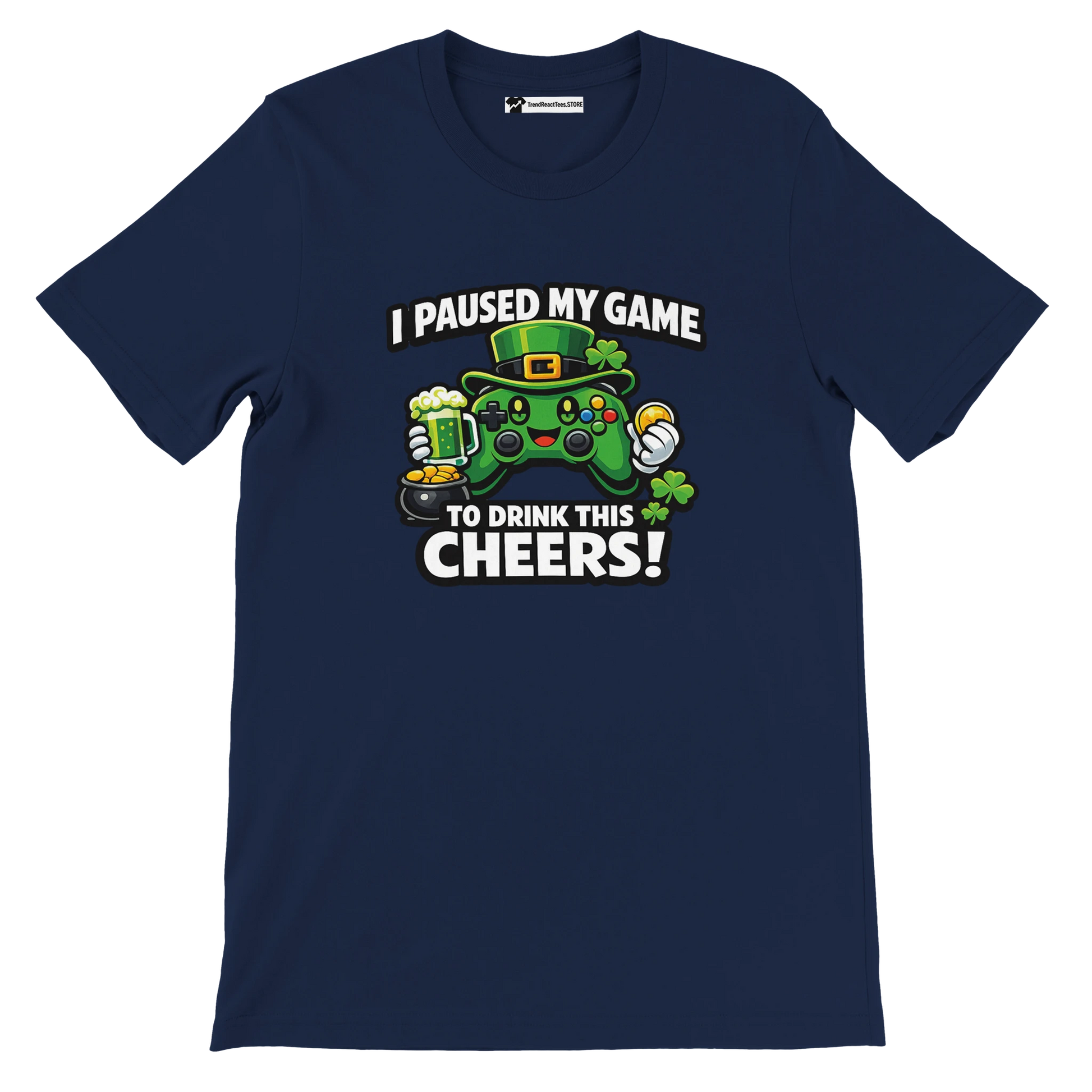 Navy blue t-shirt with a gaming controller, shamrocks, beer mug, and St. Patrick's Day theme.