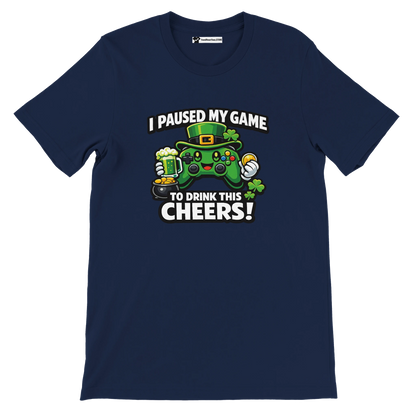 Navy blue t-shirt with a gaming controller, shamrocks, beer mug, and St. Patrick's Day theme.