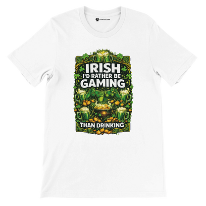Irish I'd Rather Be Gaming Than Drinking t-shirt with shamrocks, beer mugs, coins, and game controllers on white tee