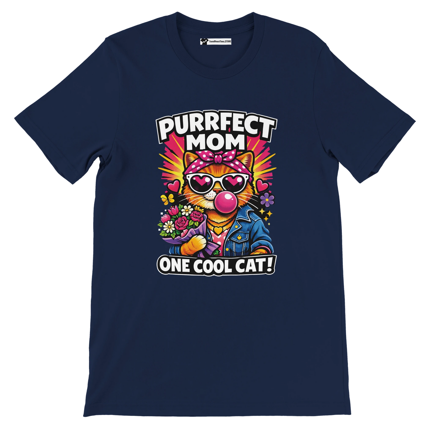 Navy blue tee with cartoon cat in sunglasses, flowers, and text 'Purrfect Mom One Cool Cat'.
