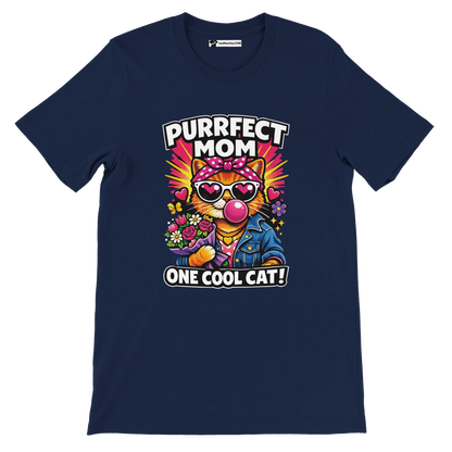 Navy blue tee with cartoon cat in sunglasses, flowers, and text 'Purrfect Mom One Cool Cat'.