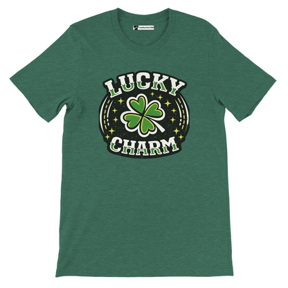 Green t-shirt with 'Lucky Charm' text, shamrock and stars, St. Patrick's Day graphic tee