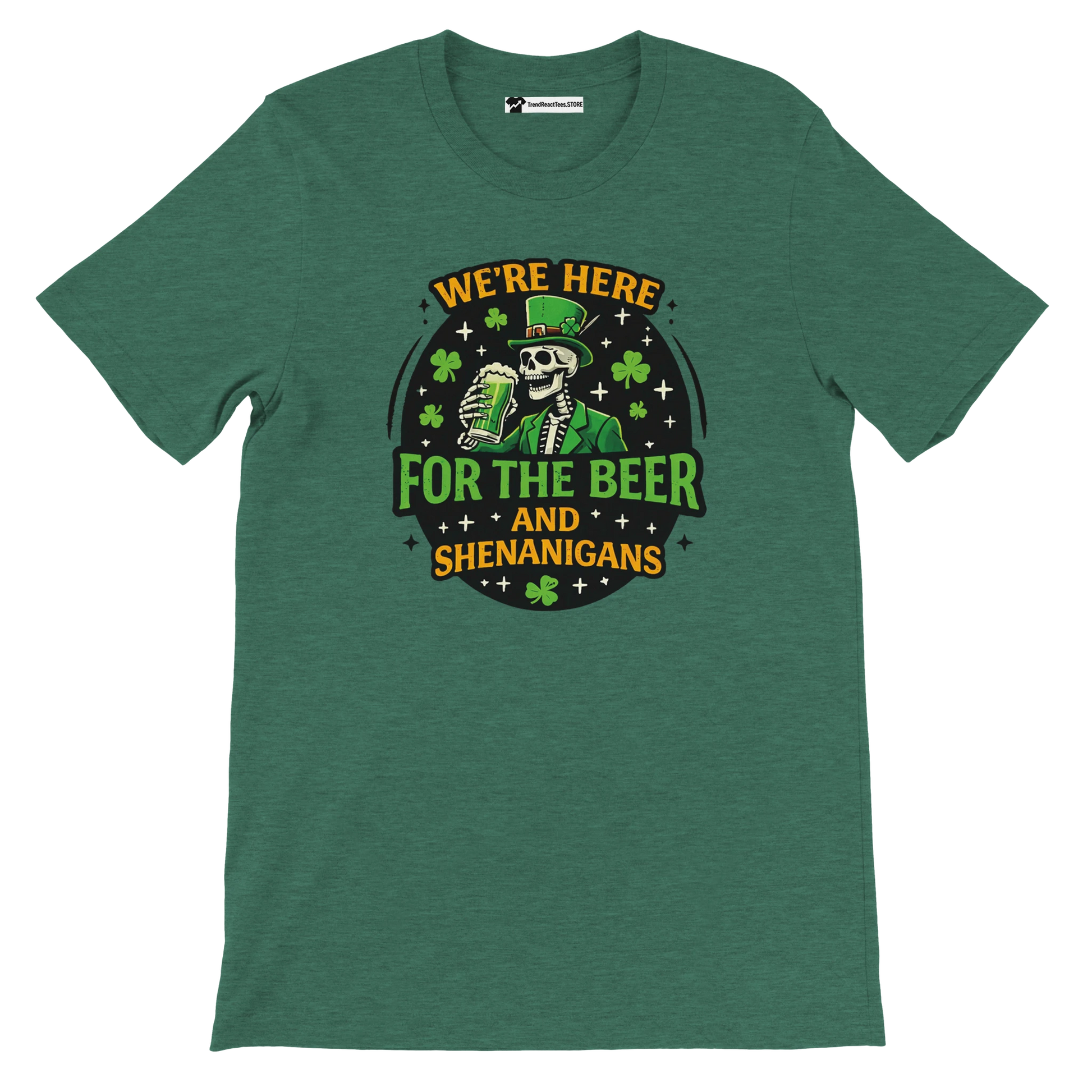 Green t-shirt with skeleton in leprechaun outfit holding beer, clover accents, and festive quote