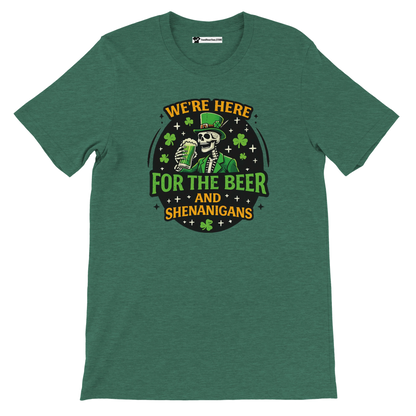Green t-shirt with skeleton in leprechaun outfit holding beer, clover accents, and festive quote