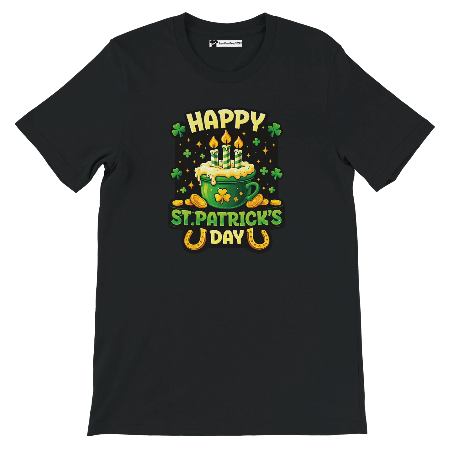 Happy St. Patrick's Day tee with green mug, shamrocks, coins, and candles on black shirt