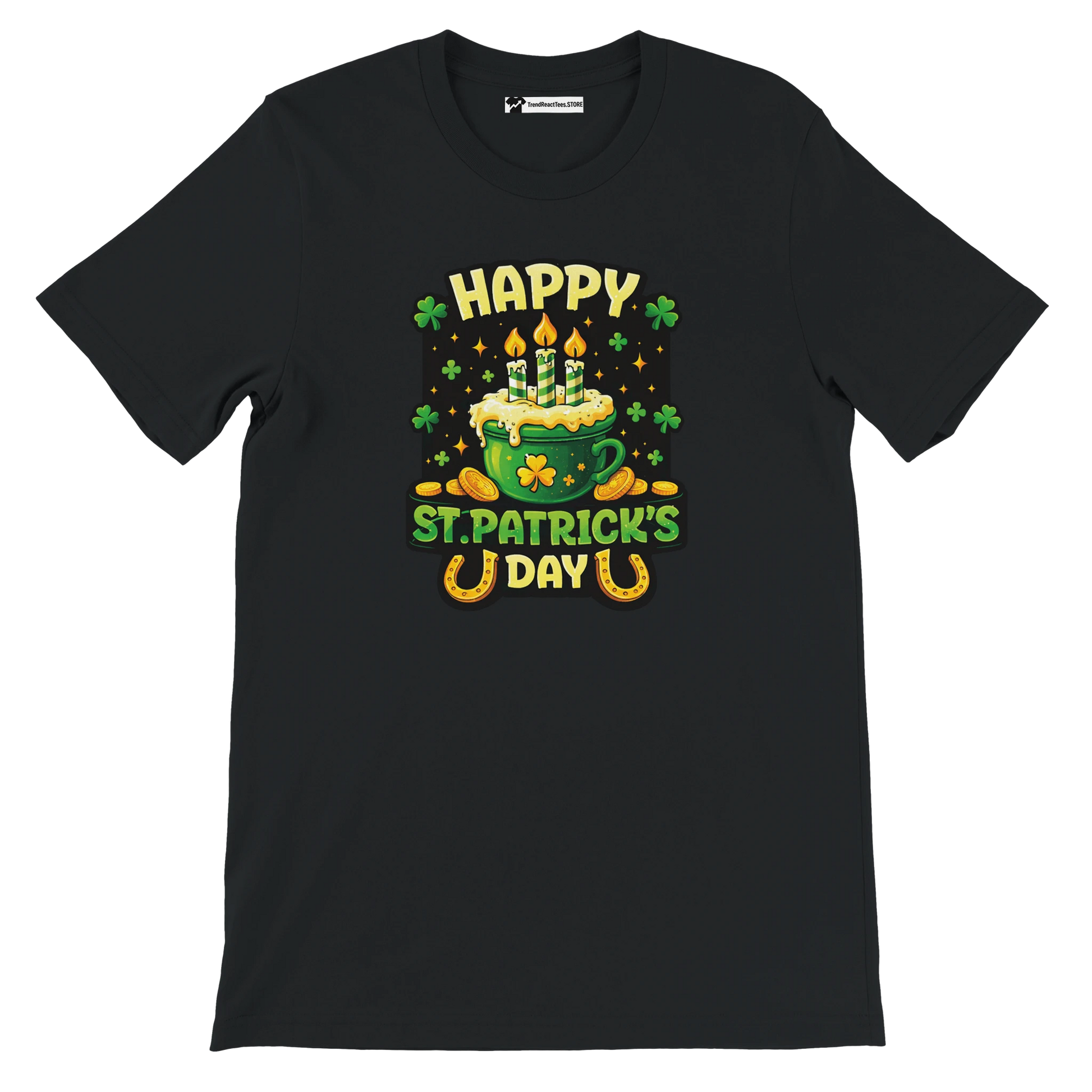 Happy St. Patrick's Day tee with green mug, shamrocks, coins, and candles on black shirt