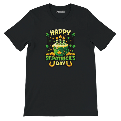 Happy St. Patrick's Day tee with green mug, shamrocks, coins, and candles on black shirt