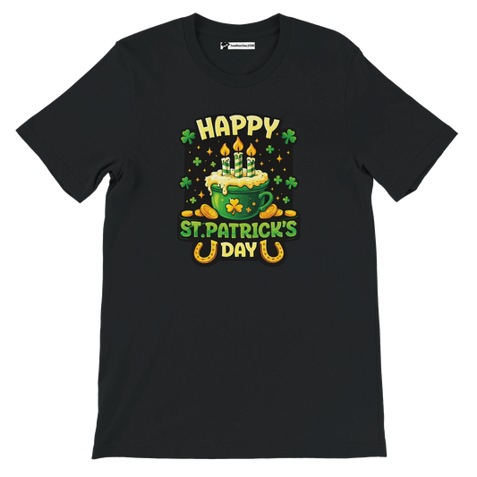Happy St. Patrick's Day tee with green mug, shamrocks, coins, and candles on black shirt